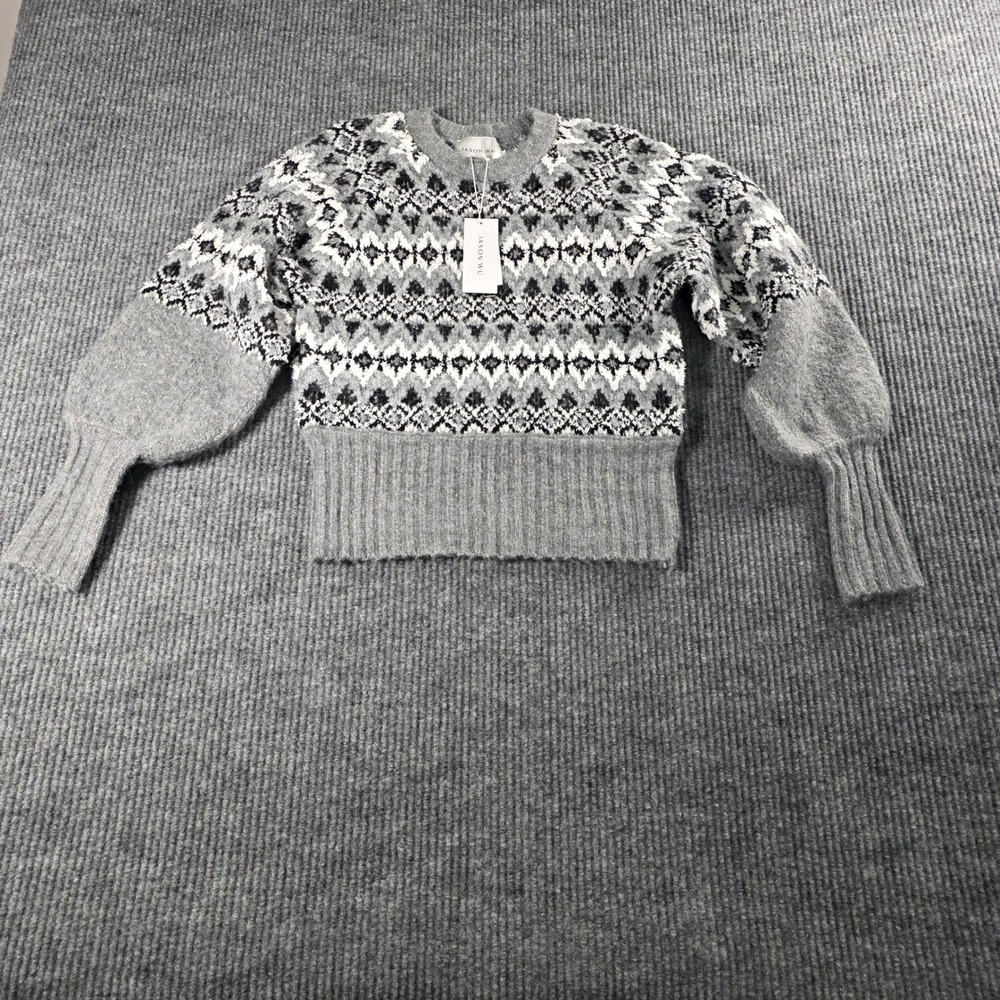 Jason Wu Womens Fair Isle Puff Sleeve Knit Sweater Grey Black White XS New